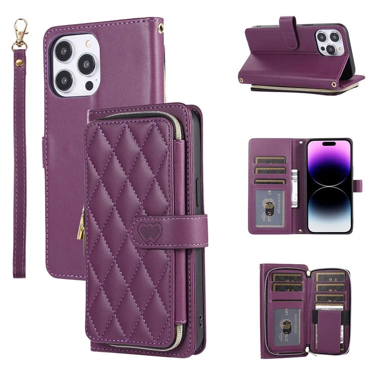 For iPhone 16 Pro Max Wallet Case Folio PU Leather Stand Rhombus Phone Cover with Hand Strap