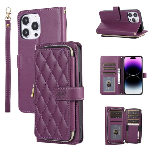 For iPhone 16 Pro Max Wallet Case Folio PU Leather Stand Rhombus Phone Cover with Hand Strap