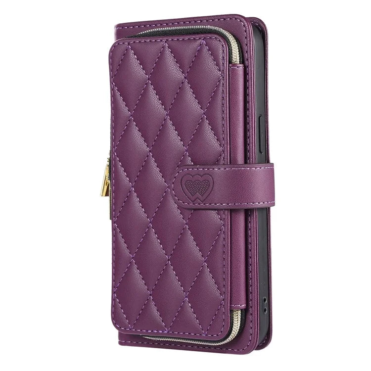 For iPhone 16 Pro Max Wallet Case Folio PU Leather Stand Rhombus Phone Cover with Hand Strap