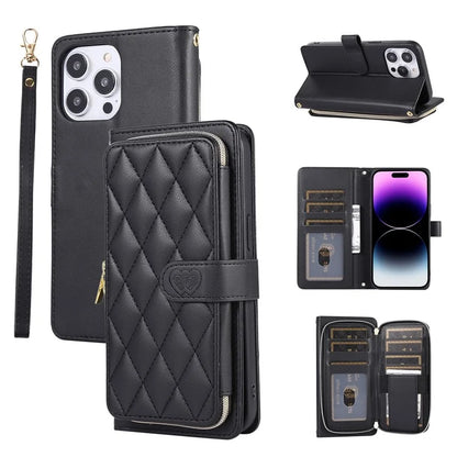 For iPhone 16 Pro Max Wallet Case Folio PU Leather Stand Rhombus Phone Cover with Hand Strap