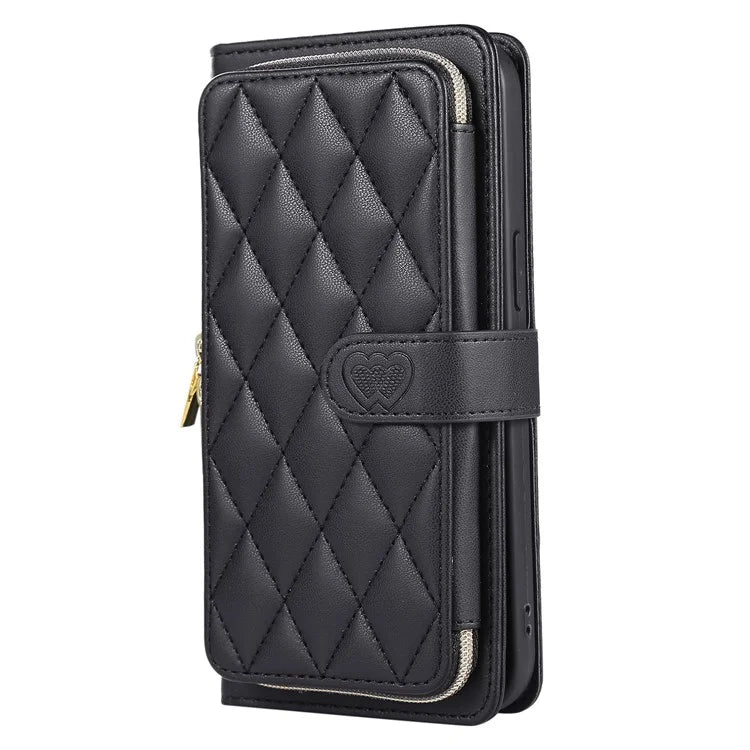 For iPhone 16 Pro Max Wallet Case Folio PU Leather Stand Rhombus Phone Cover with Hand Strap