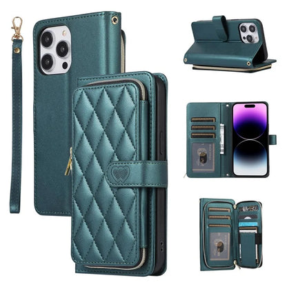 For iPhone 16 Pro Max Wallet Case Folio PU Leather Stand Rhombus Phone Cover with Hand Strap