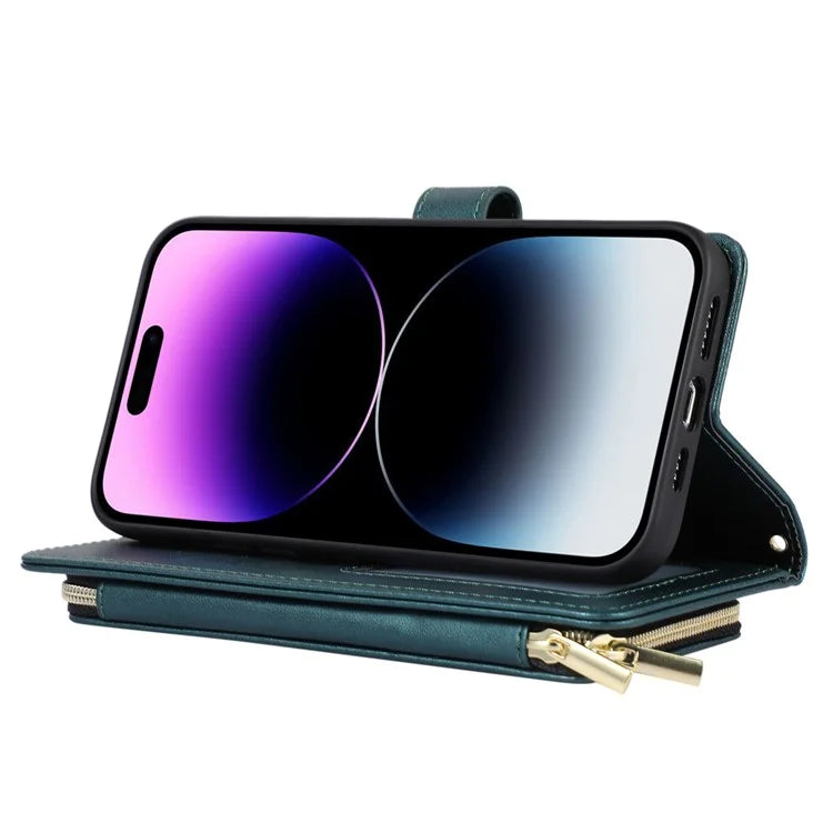 For iPhone 16 Pro Max Wallet Case Folio PU Leather Stand Rhombus Phone Cover with Hand Strap