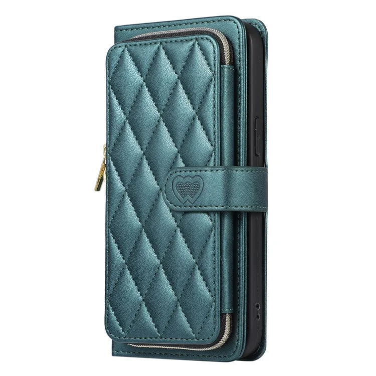 For iPhone 16 Pro Max Wallet Case Folio PU Leather Stand Rhombus Phone Cover with Hand Strap