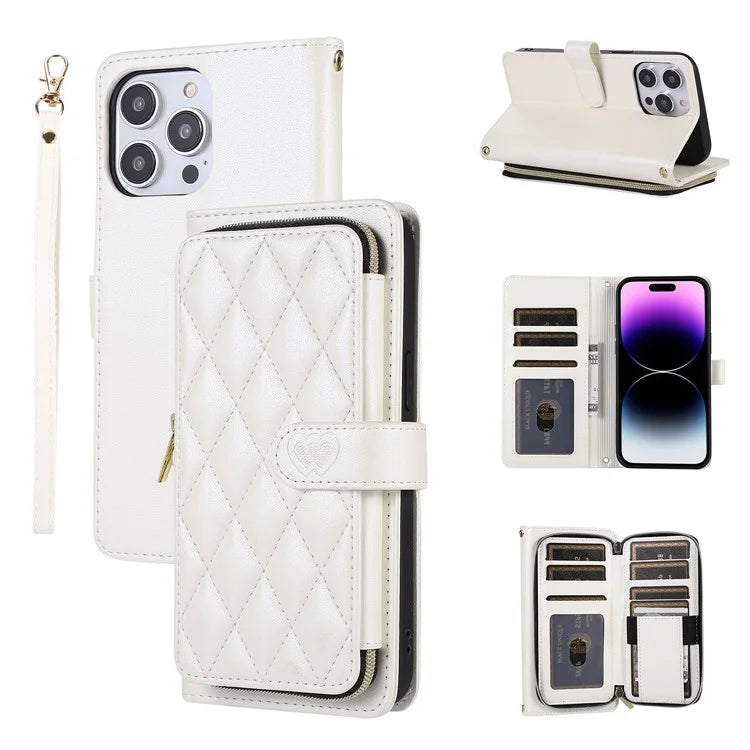 For iPhone 16 Pro Max Wallet Case Folio PU Leather Stand Rhombus Phone Cover with Hand Strap