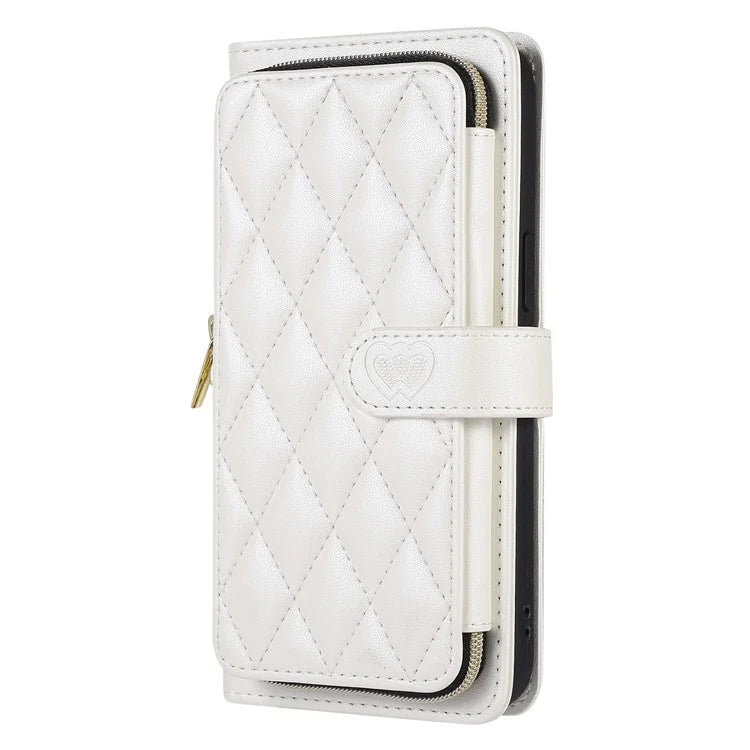 For iPhone 16 Pro Max Wallet Case Folio PU Leather Stand Rhombus Phone Cover with Hand Strap