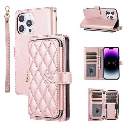 For iPhone 16 Pro Max Wallet Case Folio PU Leather Stand Rhombus Phone Cover with Hand Strap