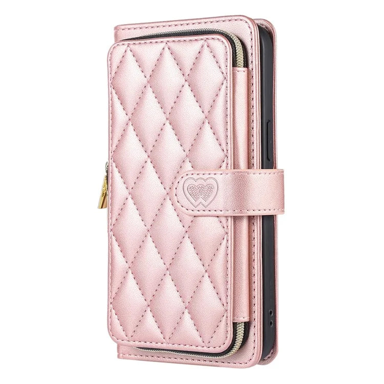 For iPhone 16 Pro Max Wallet Case Folio PU Leather Stand Rhombus Phone Cover with Hand Strap