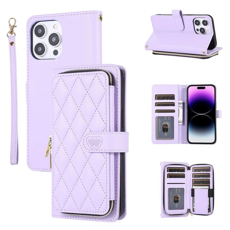 For iPhone 16 Pro Max Wallet Case Folio PU Leather Stand Rhombus Phone Cover with Hand Strap