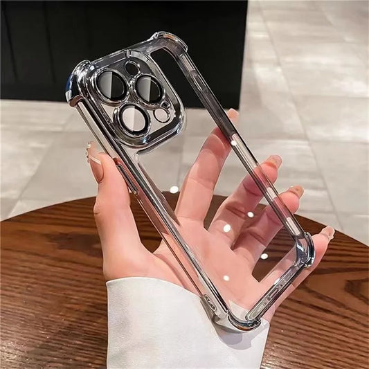 For iPhone 16 Pro Max Case Four Corner Airbags Anti-Drop Hard PC Phone Cover with Tempered Glass Lens Film