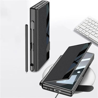 GKK For Samsung Galaxy Z Fold6 5G Stand Case Pen Slot PC+PU Flip Phone Cover with Screen Film