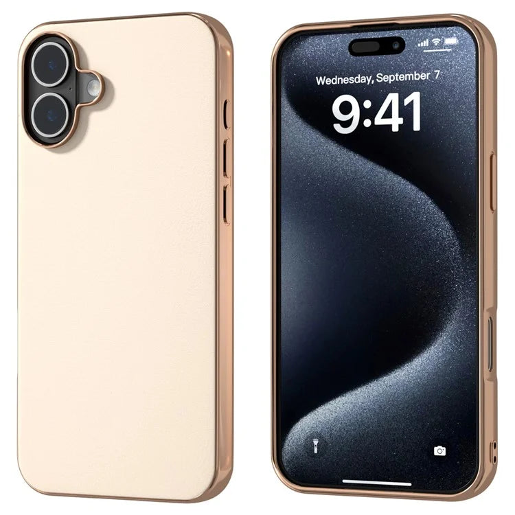 For iPhone 16 Plus Case Electroplating Edge PU Leather Coated TPU+PC Phone Cover