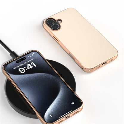 For iPhone 16 Plus Case Electroplating Edge PU Leather Coated TPU+PC Phone Cover
