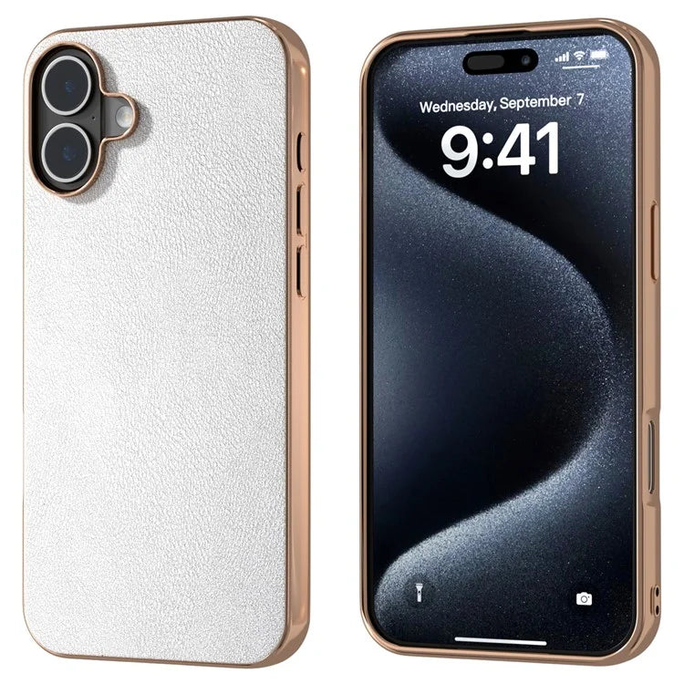 For iPhone 16 Plus Case Electroplating Edge PU Leather Coated TPU+PC Phone Cover