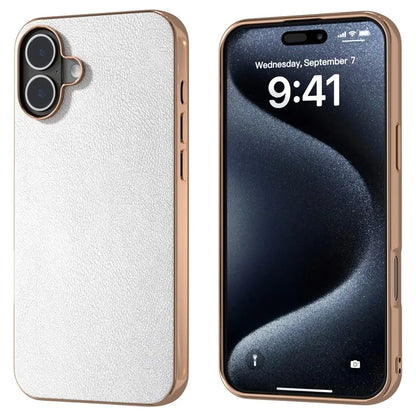 For iPhone 16 Plus Case Electroplating Edge PU Leather Coated TPU+PC Phone Cover