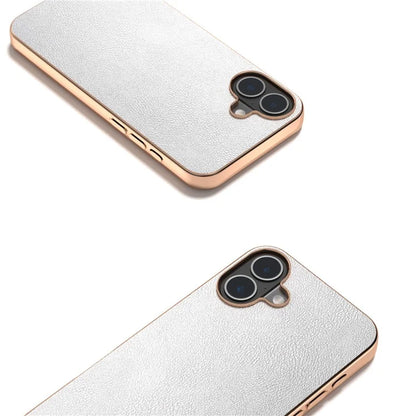 For iPhone 16 Plus Case Electroplating Edge PU Leather Coated TPU+PC Phone Cover