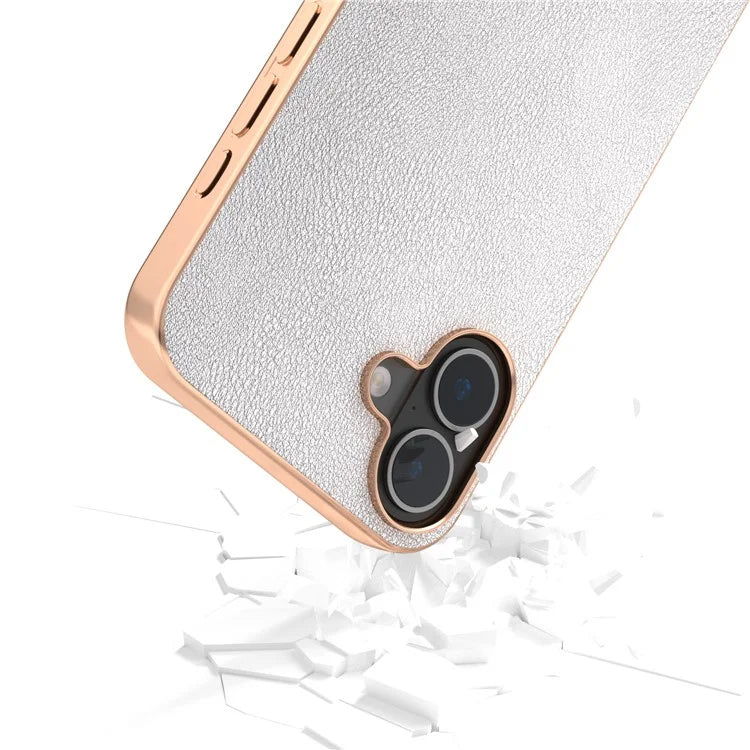 For iPhone 16 Plus Case Electroplating Edge PU Leather Coated TPU+PC Phone Cover