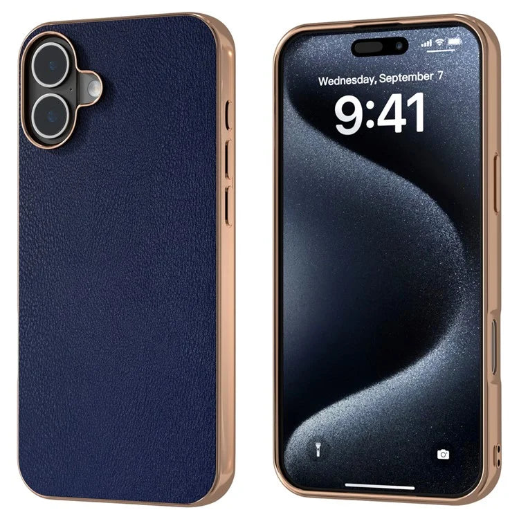 For iPhone 16 Plus Case Electroplating Edge PU Leather Coated TPU+PC Phone Cover