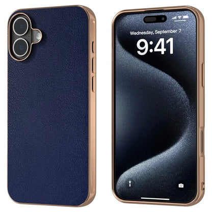 For iPhone 16 Plus Case Electroplating Edge PU Leather Coated TPU+PC Phone Cover