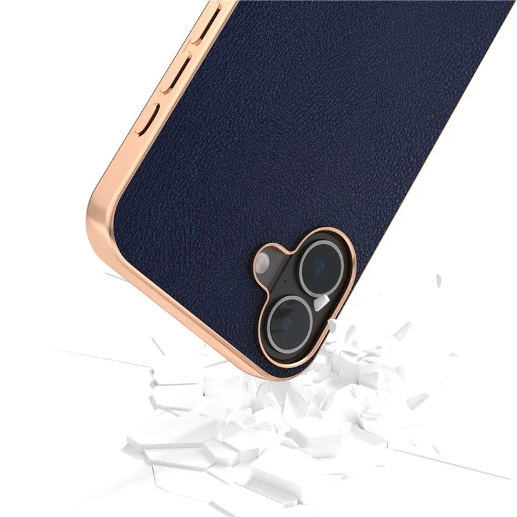 For iPhone 16 Plus Case Electroplating Edge PU Leather Coated TPU+PC Phone Cover