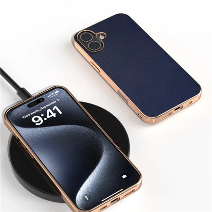 For iPhone 16 Plus Case Electroplating Edge PU Leather Coated TPU+PC Phone Cover