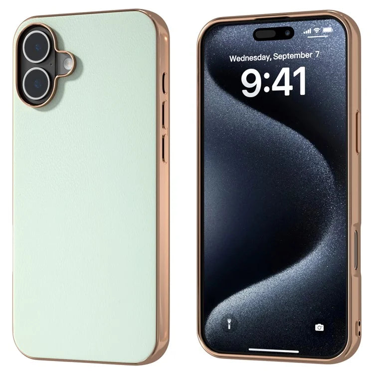 For iPhone 16 Plus Case Electroplating Edge PU Leather Coated TPU+PC Phone Cover