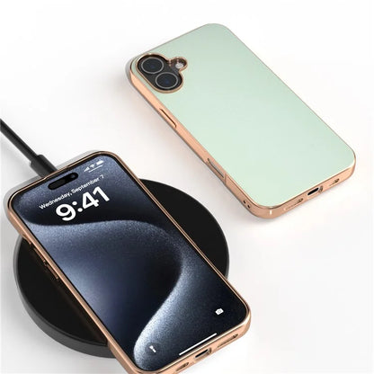 For iPhone 16 Plus Case Electroplating Edge PU Leather Coated TPU+PC Phone Cover