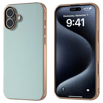 For iPhone 16 Plus Case Electroplating Edge PU Leather Coated TPU+PC Phone Cover