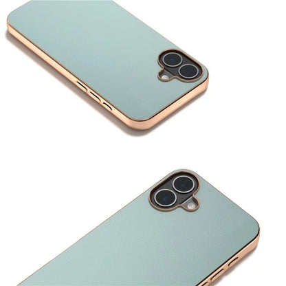 For iPhone 16 Plus Case Electroplating Edge PU Leather Coated TPU+PC Phone Cover