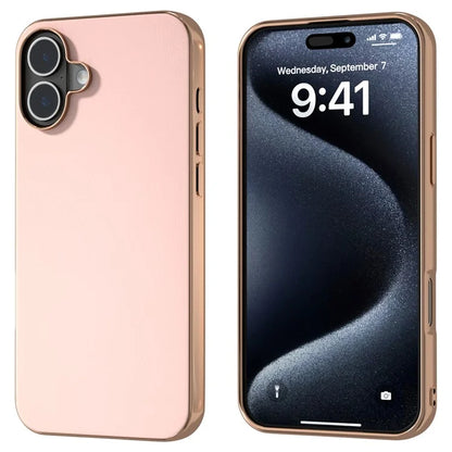 For iPhone 16 Plus Case Electroplating Edge PU Leather Coated TPU+PC Phone Cover