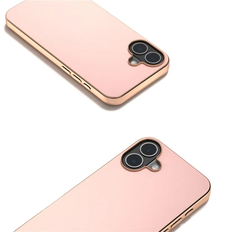 For iPhone 16 Plus Case Electroplating Edge PU Leather Coated TPU+PC Phone Cover