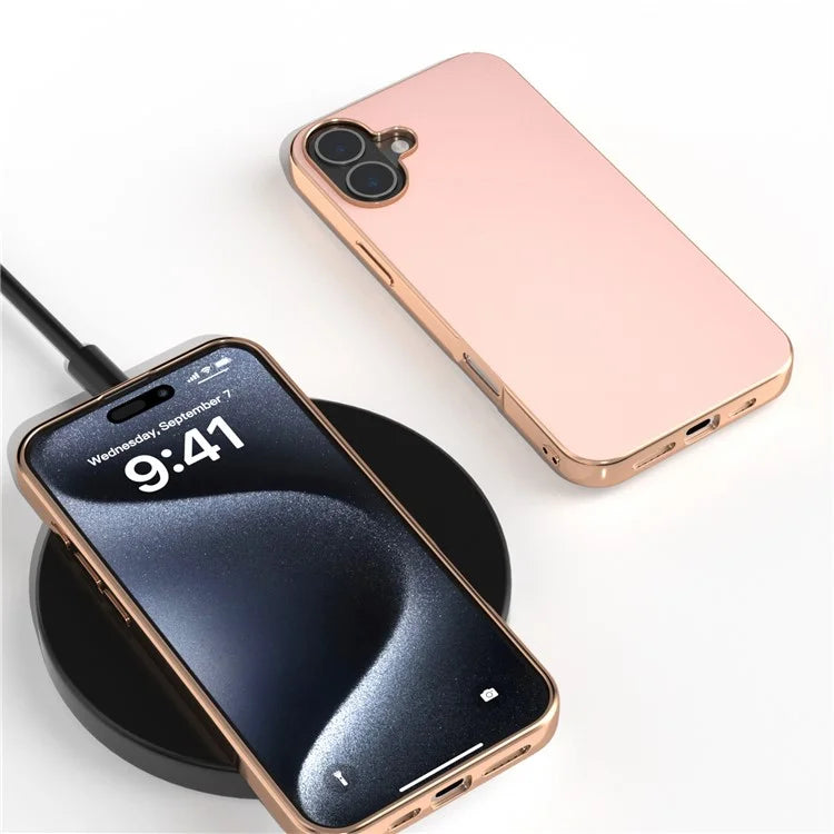 For iPhone 16 Plus Case Electroplating Edge PU Leather Coated TPU+PC Phone Cover