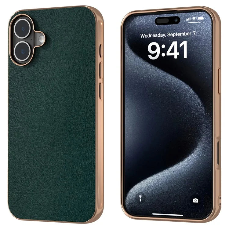For iPhone 16 Plus Case Electroplating Edge PU Leather Coated TPU+PC Phone Cover