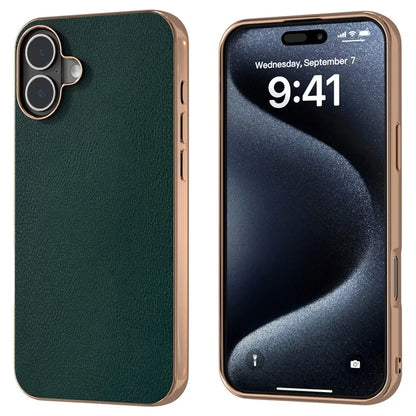 For iPhone 16 Plus Case Electroplating Edge PU Leather Coated TPU+PC Phone Cover