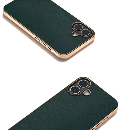 For iPhone 16 Plus Case Electroplating Edge PU Leather Coated TPU+PC Phone Cover