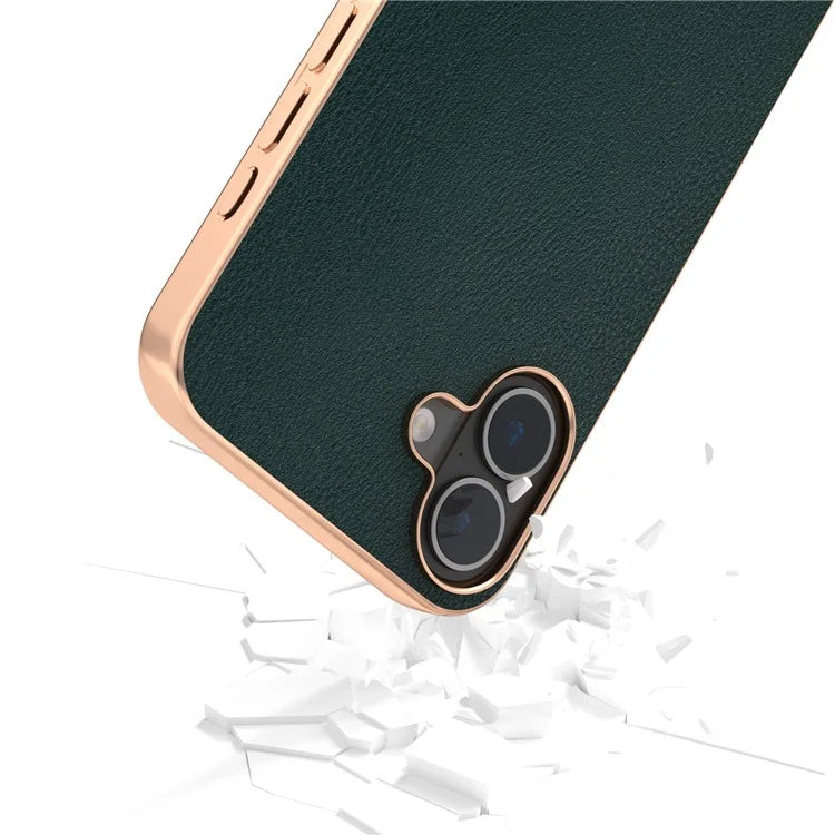 For iPhone 16 Plus Case Electroplating Edge PU Leather Coated TPU+PC Phone Cover