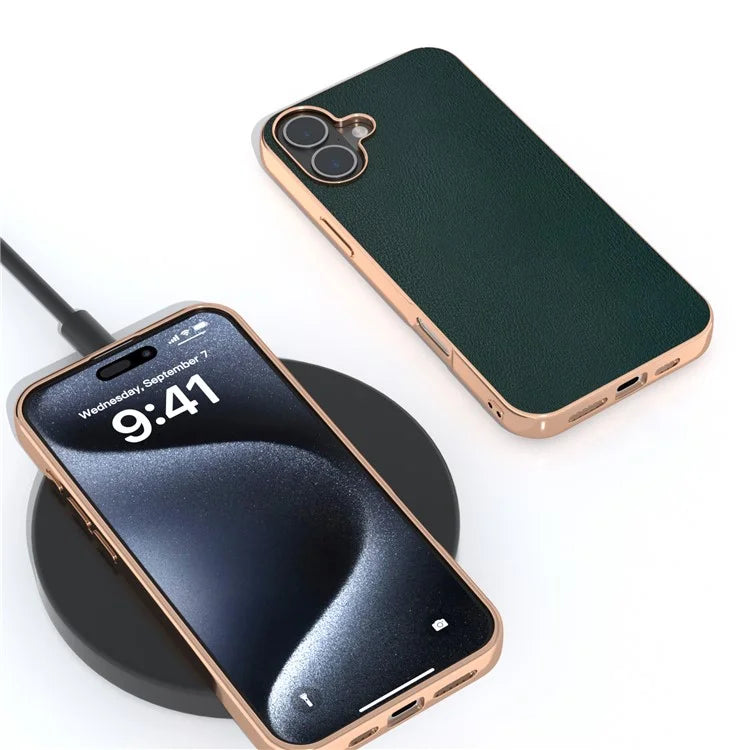For iPhone 16 Plus Case Electroplating Edge PU Leather Coated TPU+PC Phone Cover