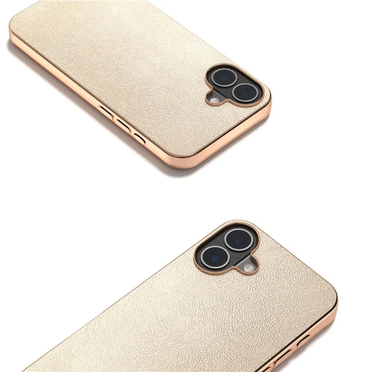 For iPhone 16 Plus Case Electroplating Edge PU Leather Coated TPU+PC Phone Cover