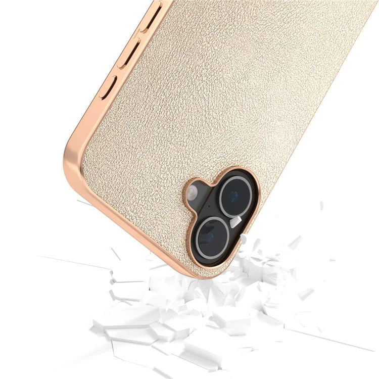 For iPhone 16 Plus Case Electroplating Edge PU Leather Coated TPU+PC Phone Cover