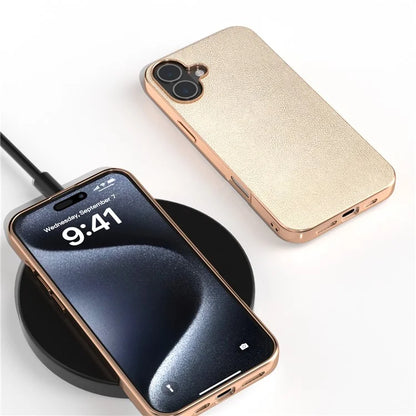 For iPhone 16 Plus Case Electroplating Edge PU Leather Coated TPU+PC Phone Cover