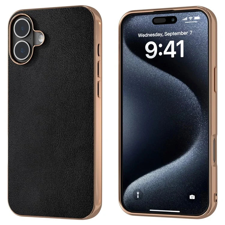 For iPhone 16 Plus Case Electroplating Edge PU Leather Coated TPU+PC Phone Cover
