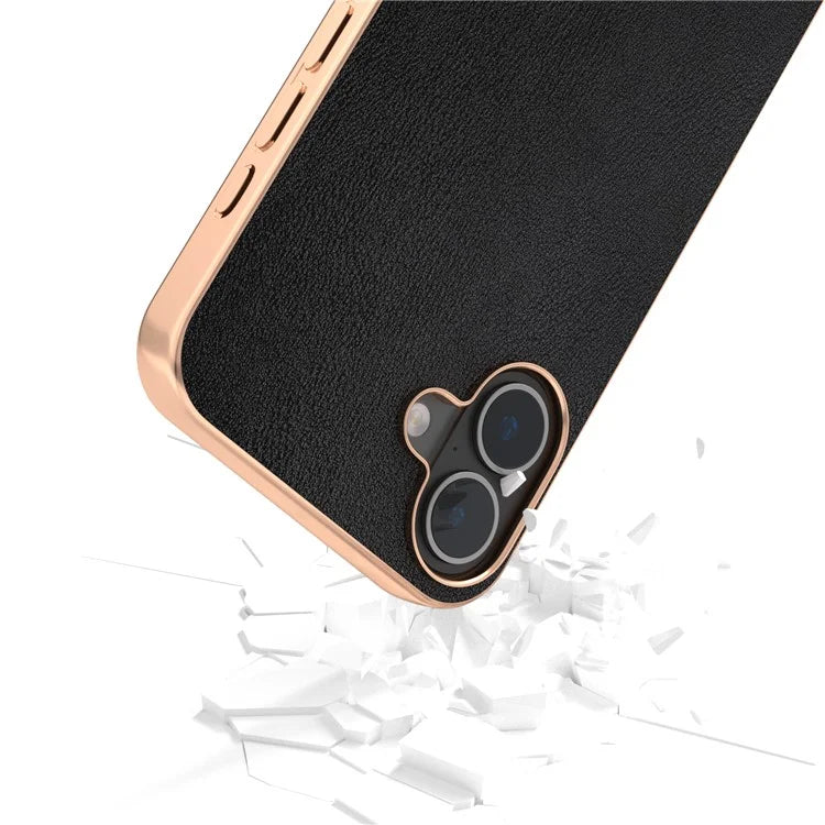 For iPhone 16 Plus Case Electroplating Edge PU Leather Coated TPU+PC Phone Cover