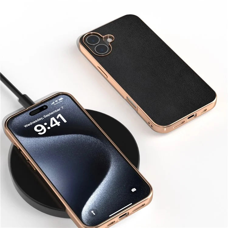 For iPhone 16 Plus Case Electroplating Edge PU Leather Coated TPU+PC Phone Cover