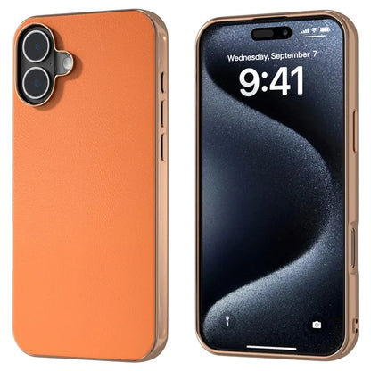 For iPhone 16 Plus Case Electroplating Edge PU Leather Coated TPU+PC Phone Cover