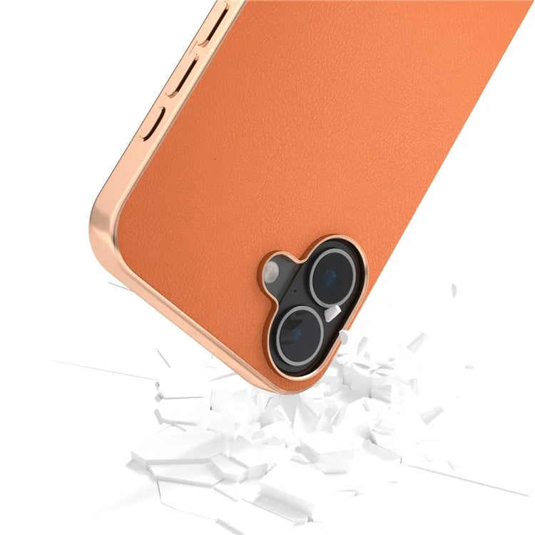 For iPhone 16 Plus Case Electroplating Edge PU Leather Coated TPU+PC Phone Cover