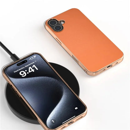 For iPhone 16 Plus Case Electroplating Edge PU Leather Coated TPU+PC Phone Cover
