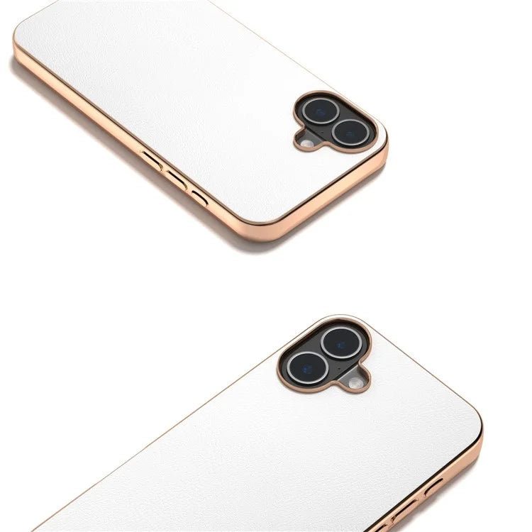 For iPhone 16 Plus Case Electroplating Edge PU Leather Coated TPU+PC Phone Cover