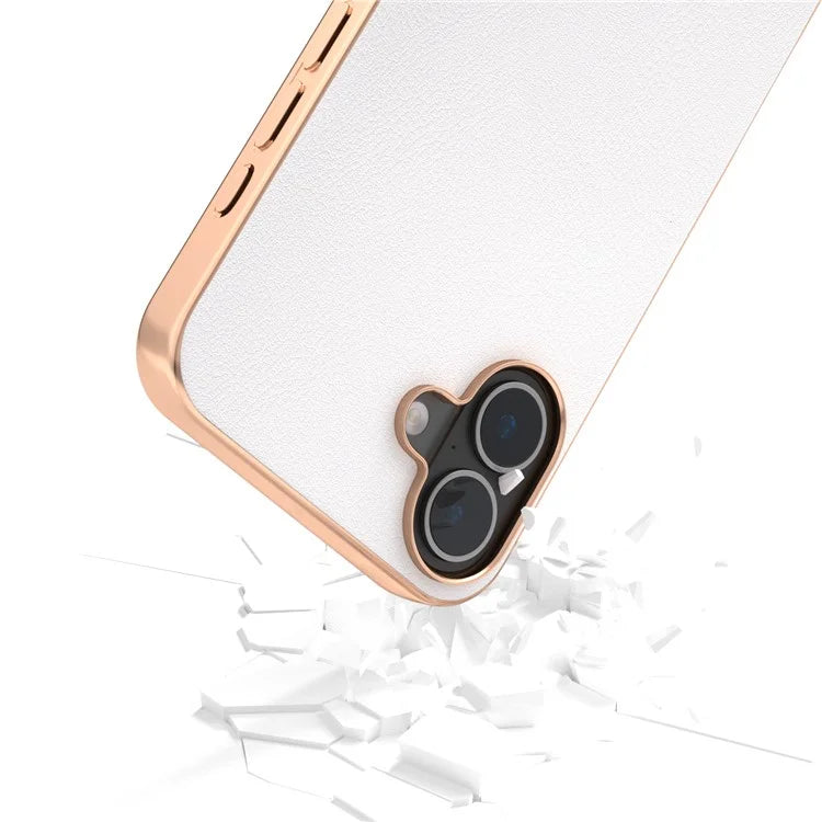 For iPhone 16 Plus Case Electroplating Edge PU Leather Coated TPU+PC Phone Cover