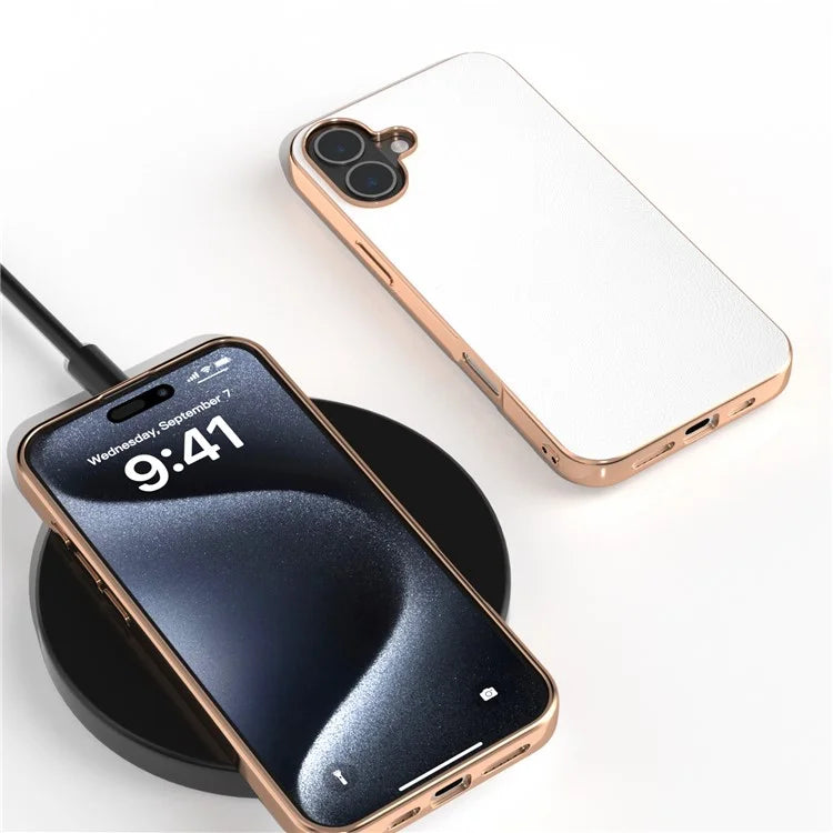 For iPhone 16 Plus Case Electroplating Edge PU Leather Coated TPU+PC Phone Cover