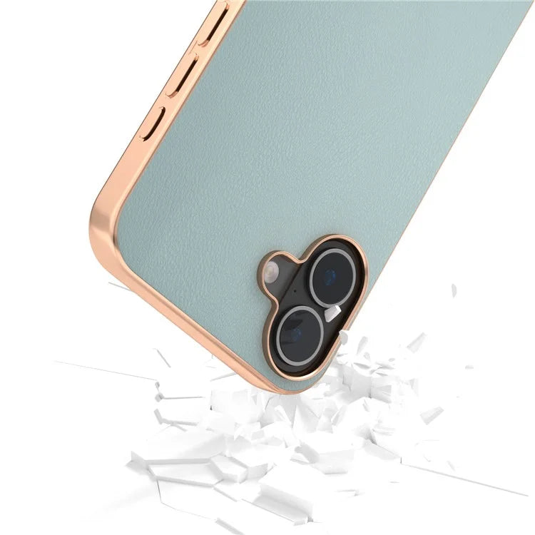 For iPhone 16 Case Electroplating Edge PU Leather Coated TPU+PC Phone Cover